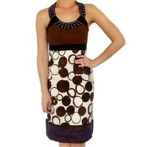 Kensie brown silk linen beaded geometric print dress size small